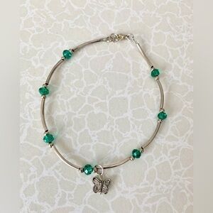 Sterling Silver Butterfly Charm Ankle Bracelet with Emerald Green Beads